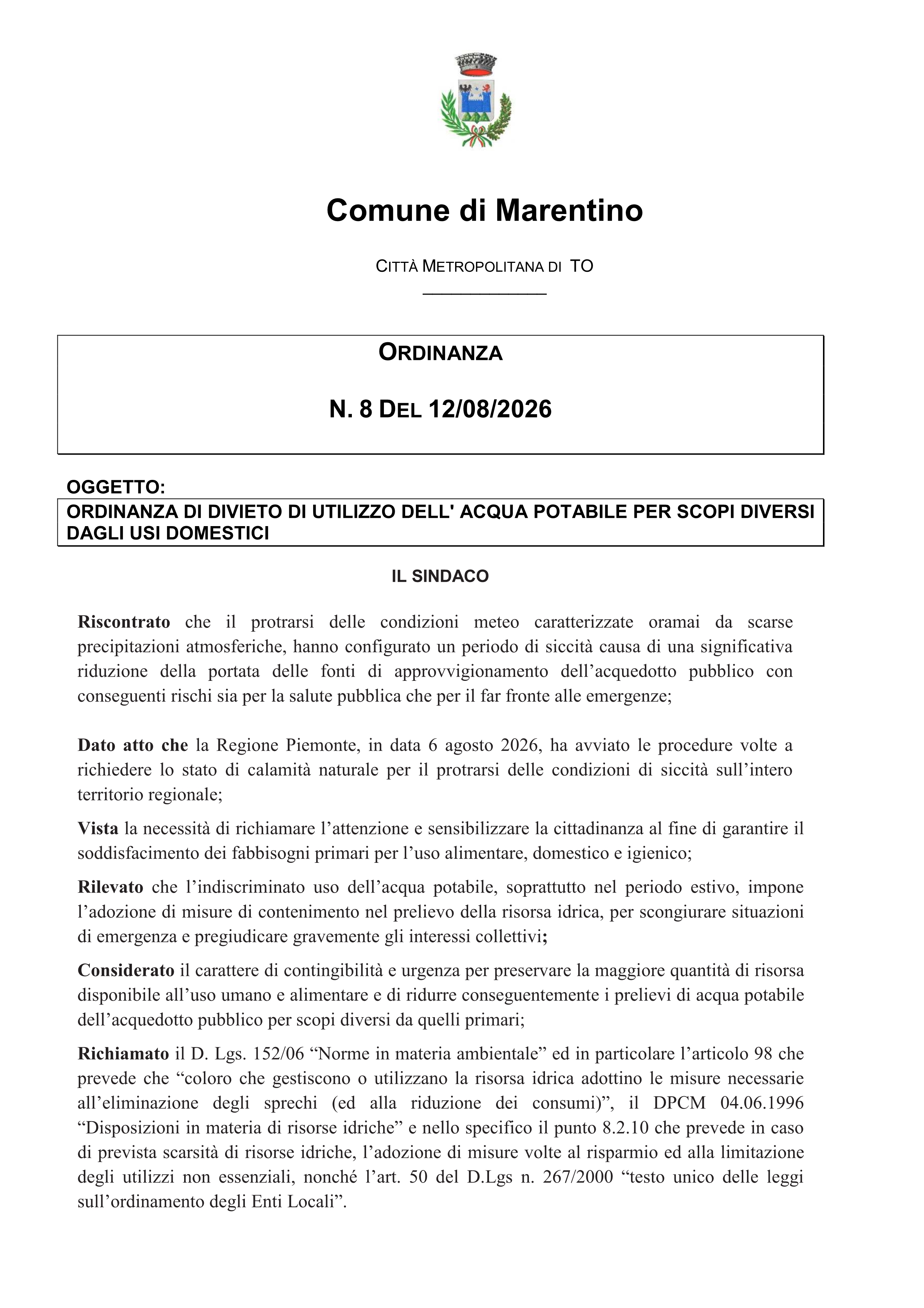 Ordinanza n.8 del 12.08.2026 di Divieto di utilizzo di acqua potabile per scopi diversi dagli usi domestici.

